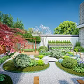 Outdoor Garden Landscape With Stone Pathway Lush Greenery Water Feature And Wooden Deck