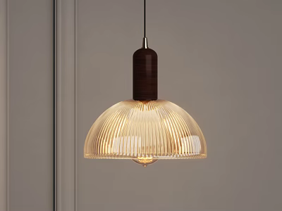 Modern Pendant Light With Wooden Top And Ribbed Transparent Lampshade In Gray Wall Interior 3d model
