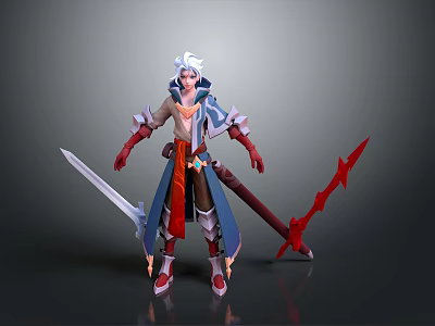 Man In Blue Red Costume Holding Silver And Red Swords Fantasy Character 3d model
