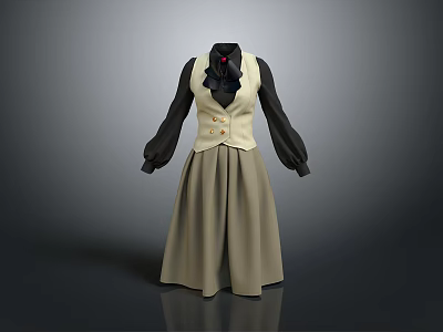 Elegant Vintage Women's Outfit With Black Long Sleeves Beige Vest And Gold Buttons 3d model