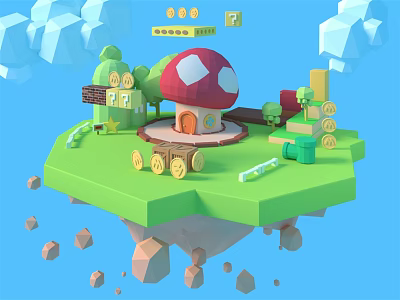 Playful Cartoon Scene With Mushroom House Floating Island Green Grass Trees Gold Coins And Blocks 3d model