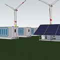 Renewable Energy Charging Station With Wind Turbines Solar Panels In Green Field