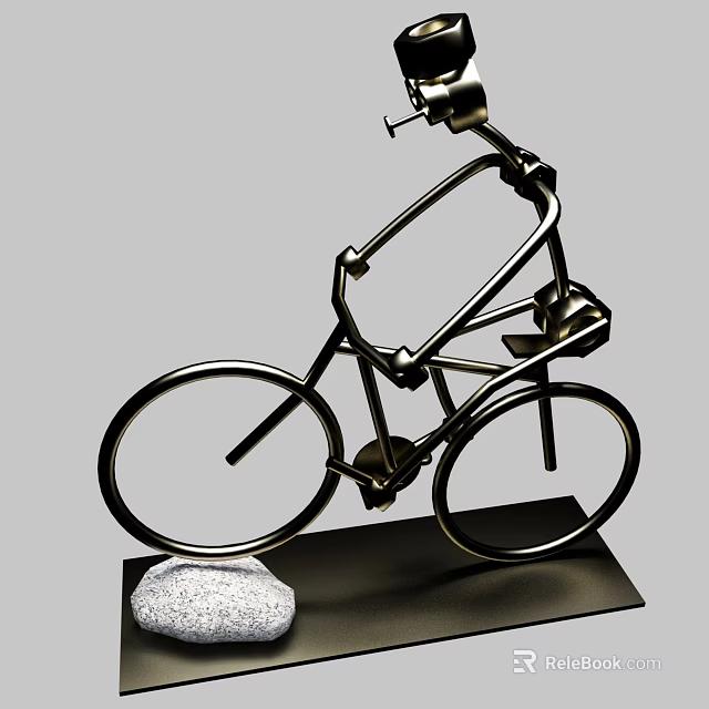 Decorative Ornament Set Featuring Metal Bicycle Sculpture With Base Stand And White Pebble 3d model 