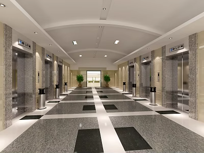 Elevator Corridor With Marble Walls Patterned Flooring Ceiling Lights And Potted Plants 3d model