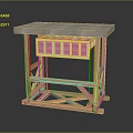 Building Model With Wooden Frame Slate Countertop Yellow Structure Pink Blocks And Cross Supports
