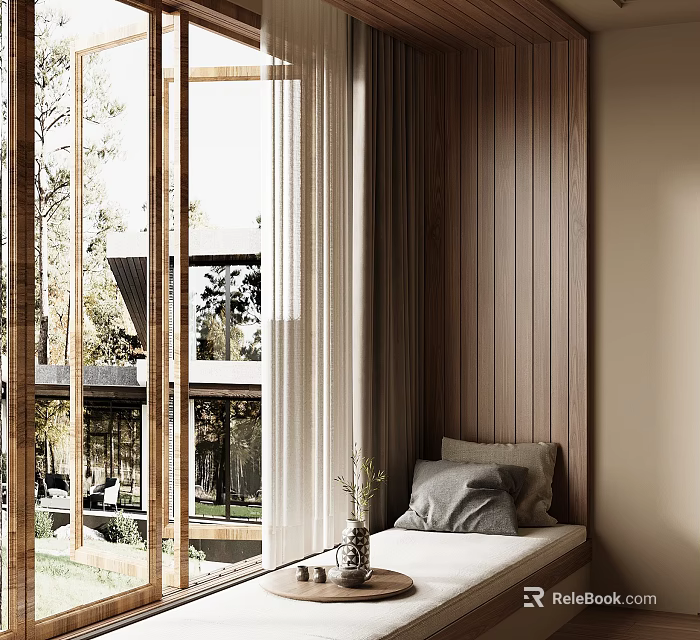 Cozy Bay Window Seat With Wooden Panels Soft Cushions Natural Light And Scenic View 3d model 