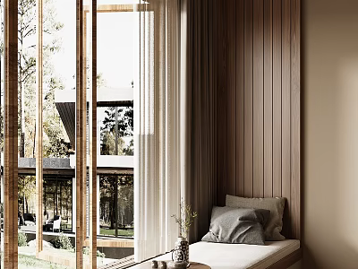 Cozy Bay Window Seat With Wooden Panels Soft Cushions Natural Light And Scenic View 3d model