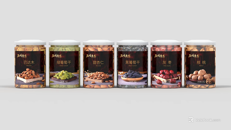 Assorted Nuts and Dried Fruits Packaged in Glass Jars with Various Flavors 3d model 