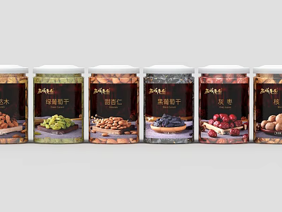 Assorted Nuts and Dried Fruits Packaged in Glass Jars with Various Flavors 3d model