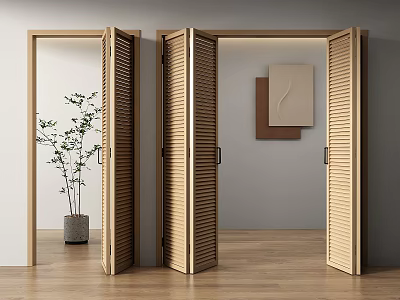 Open Wooden Folding Doors In Modern Interior Space With Potted Plant And Wall Art 3d model