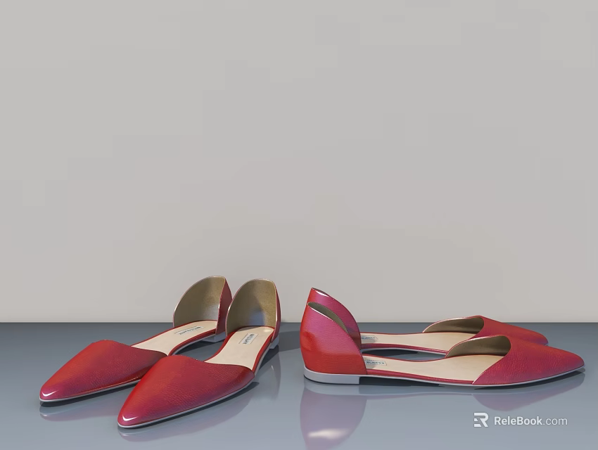 Elegant Red Women's Flat Shoes With Pointed Toe And Smooth Leather Design 3d model 