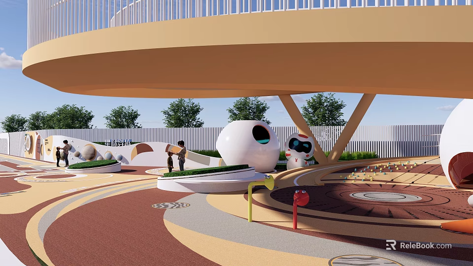 Kids Playing In Outdoor Playground With Round Structures Slide And Colorful Ground 3d model 