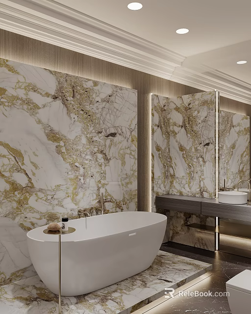 Luxurious Bathroom With Gold White Marble Walls And Bathtub 3d model 