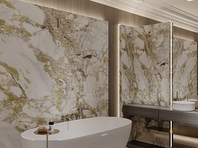 Luxurious Bathroom With Gold White Marble Walls And Bathtub 3d model
