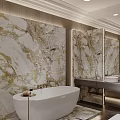 Luxurious Bathroom With Gold White Marble Walls And Bathtub