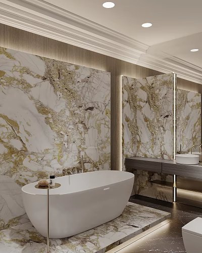 Luxurious Bathroom With Gold White Marble Walls And Bathtub 3d model