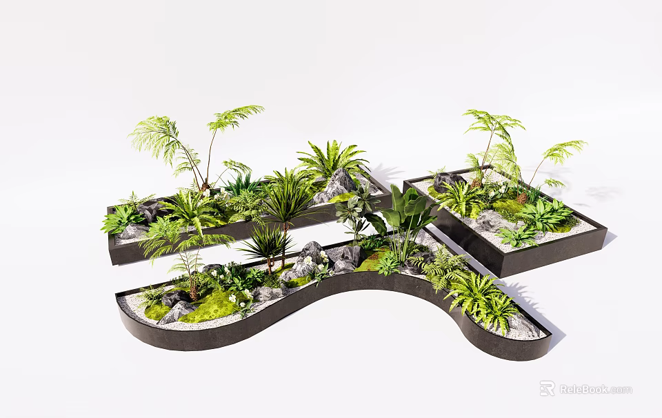 Modern Flower Planters In Various Shapes With Green Plants Palm Trees And Stone Decorations 3d model 