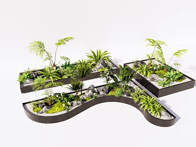 Modern Flower Planters In Various Shapes With Green Plants Palm Trees And Stone Decorations 3d model