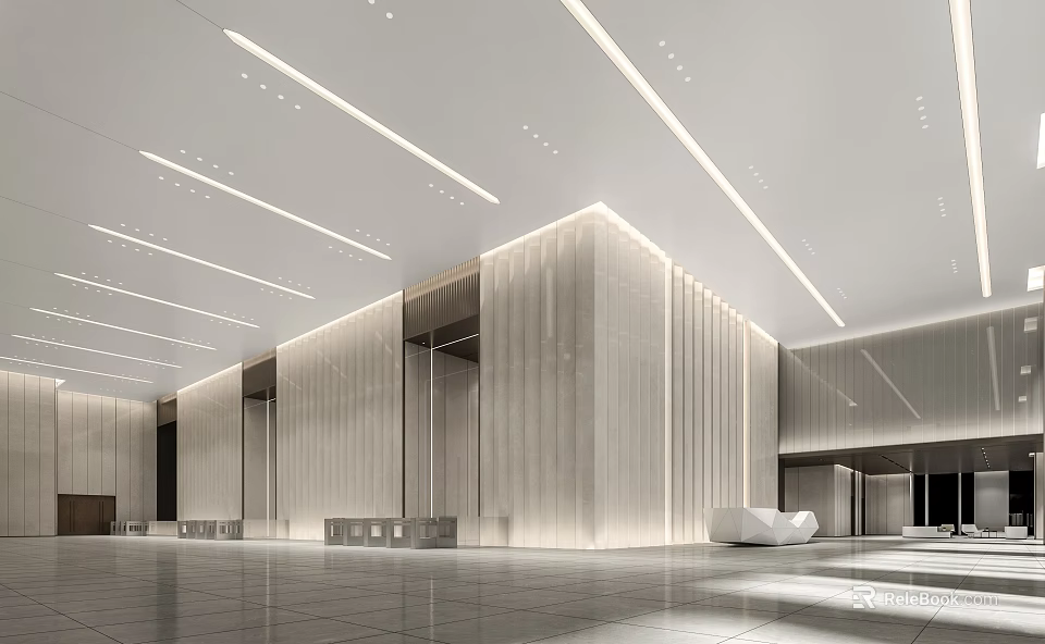 Modern Lobby Interior Reception Desk Design With Marble Counter And Lighting 3d model