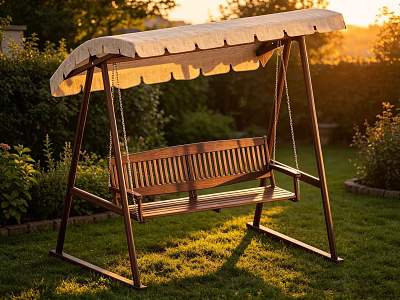 Outdoor Wooden Swing Chair With Beige Canopy In Garden Grass At Sunset 3d model