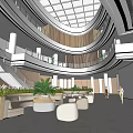 Spacious Shopping Mall Atrium With Glass Skylight Multiple Floors Wooden Accents Green Plants Sofa Seating