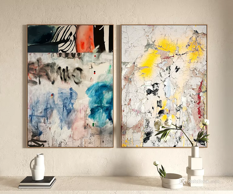 Abstract Paintings On Wall With Vase Plant And Interior Decor Elements 3d model