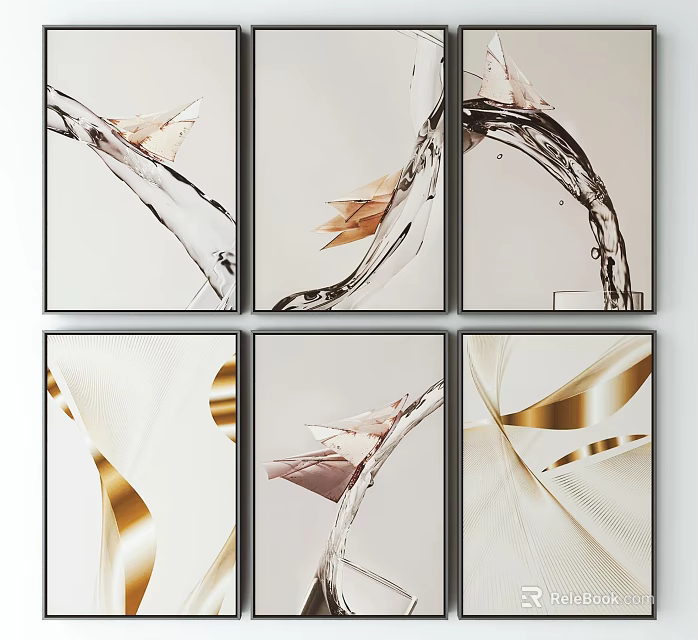 Modern Abstract Wall Art With Golden Lines And Flowing Patterns On White Background 3d model