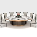 Modern Round Dining Table Set with Central Turntable and Eight Chairs and Floral Centerpiece