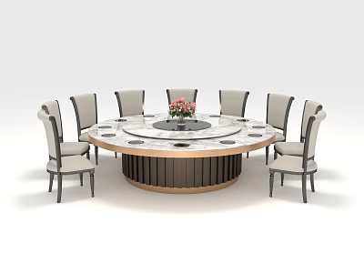 Modern Round Dining Table Set with Central Turntable and Eight Chairs and Floral Centerpiece 3d model