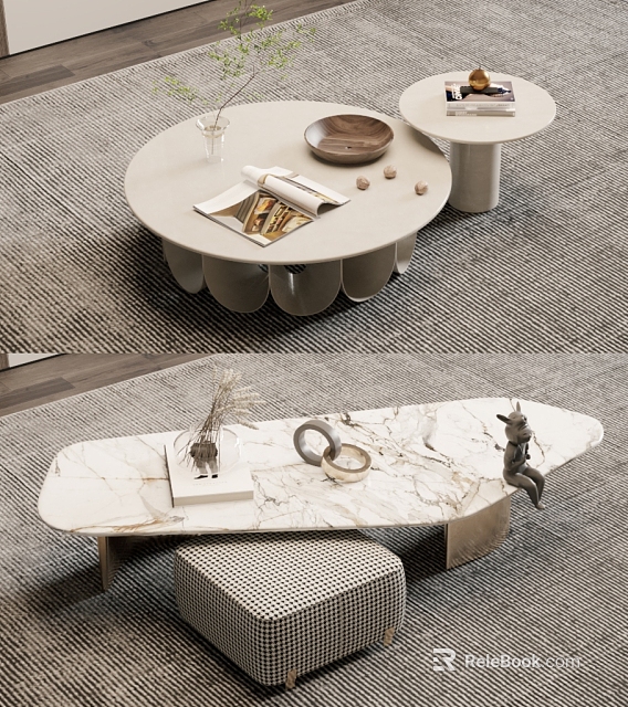 Stylish Coffee Tables With Round White Top And Marble Surface Decorated With Magazines Sculptures And Ornaments 3d model 