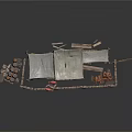 Medieval Market Stall Setup With Canvas Tents Wooden Poles Clay Pots Tools And Display Items