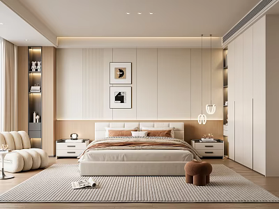 Modern Bedroom Interior Design With Bed Nightstands Pendant Lights Armchair And Soft Tones 3d model