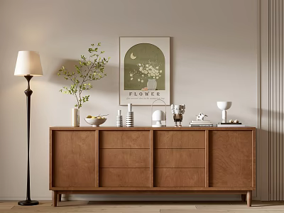 Wooden Entryway Console Cabinet With Floor Lamp Green Plant Wall Art And Decorative Items 3d model