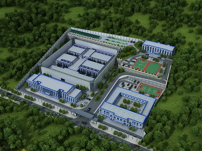 Aerial View Planning of Integrated Building Complex With Green Spaces and Sports Facilities 3d model