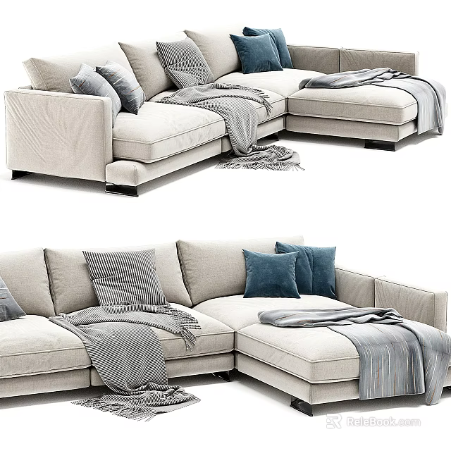 Light Colored Sectional Sofa With Soft Throw Pillows And Cozy Blankets 3d model