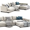 Light Colored Sectional Sofa With Soft Throw Pillows And Cozy Blankets 3d model