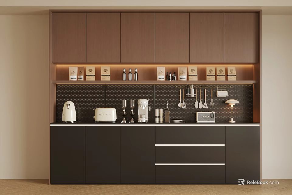 Modern Brown and Black Kitchen Sideboard Design with Storage Cabinets Appliances and Utensils 3d model 
