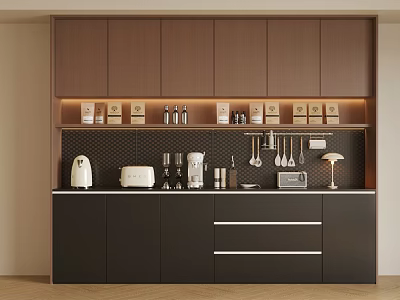 Modern Brown and Black Kitchen Sideboard Design with Storage Cabinets Appliances and Utensils 3d model