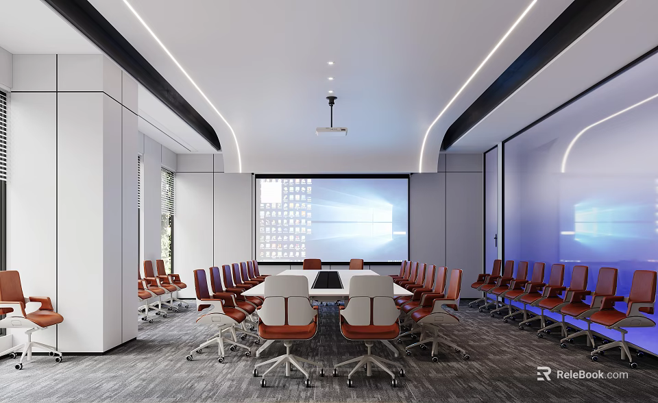 Modern Conference Room Interior With Large Projection Screen Central Table And Orange Chairs 3d model 