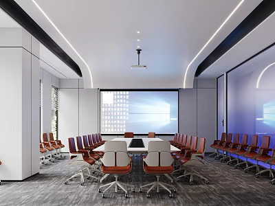 Modern Conference Room Interior With Large Projection Screen Central Table And Orange Chairs 3d model