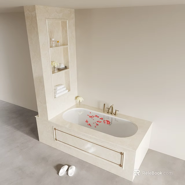 Elegant Modern Bathtub Interior Featuring Gold Faucet Shelf Towels Toiletries And Red Petals 3d model 
