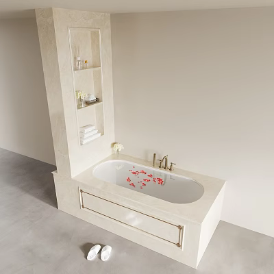 Elegant Modern Bathtub Interior Featuring Gold Faucet Shelf Towels Toiletries And Red Petals 3d model