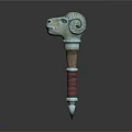 Decorative Fantasy Weapon With Ram Head Design And Wooden Handle Red Straps