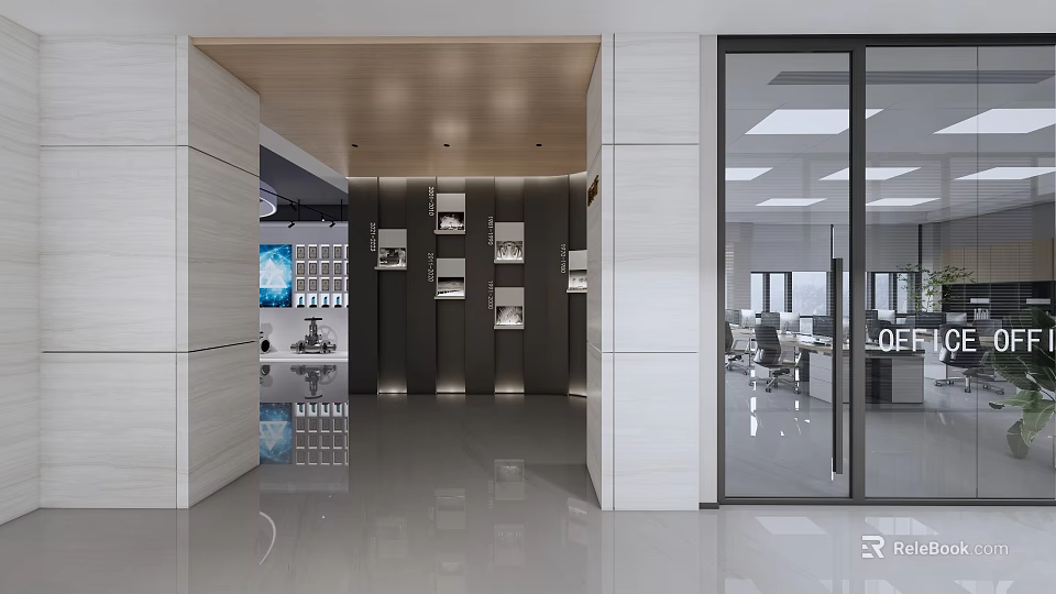 Modern Exhibition Hall Entrance with Display Shelves Glass Doors and Office Area 3d model 