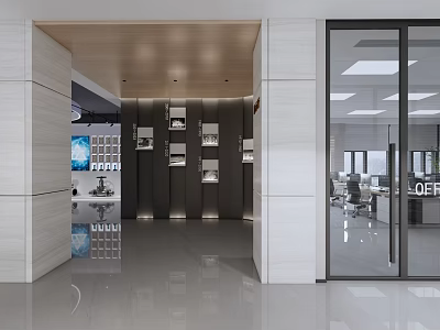 Modern Exhibition Hall Entrance with Display Shelves Glass Doors and Office Area 3d model