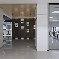 Modern Exhibition Hall Entrance with Display Shelves Glass Doors and Office Area