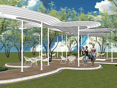 Modern Garden Landscape Featuring Curved White Pavilion Outdoor Seating Green Lawn Trees And People Walking 3d model