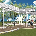 Modern Garden Landscape Featuring Curved White Pavilion Outdoor Seating Green Lawn Trees And People Walking
