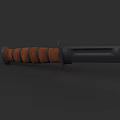 Tactical Knife With Striped Wooden Handle And Black Blade Design
