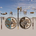 Collection of Viking Weapons Including Handcrafted Axes Wooden Shields Warrior Helmet and Drinking Horn
